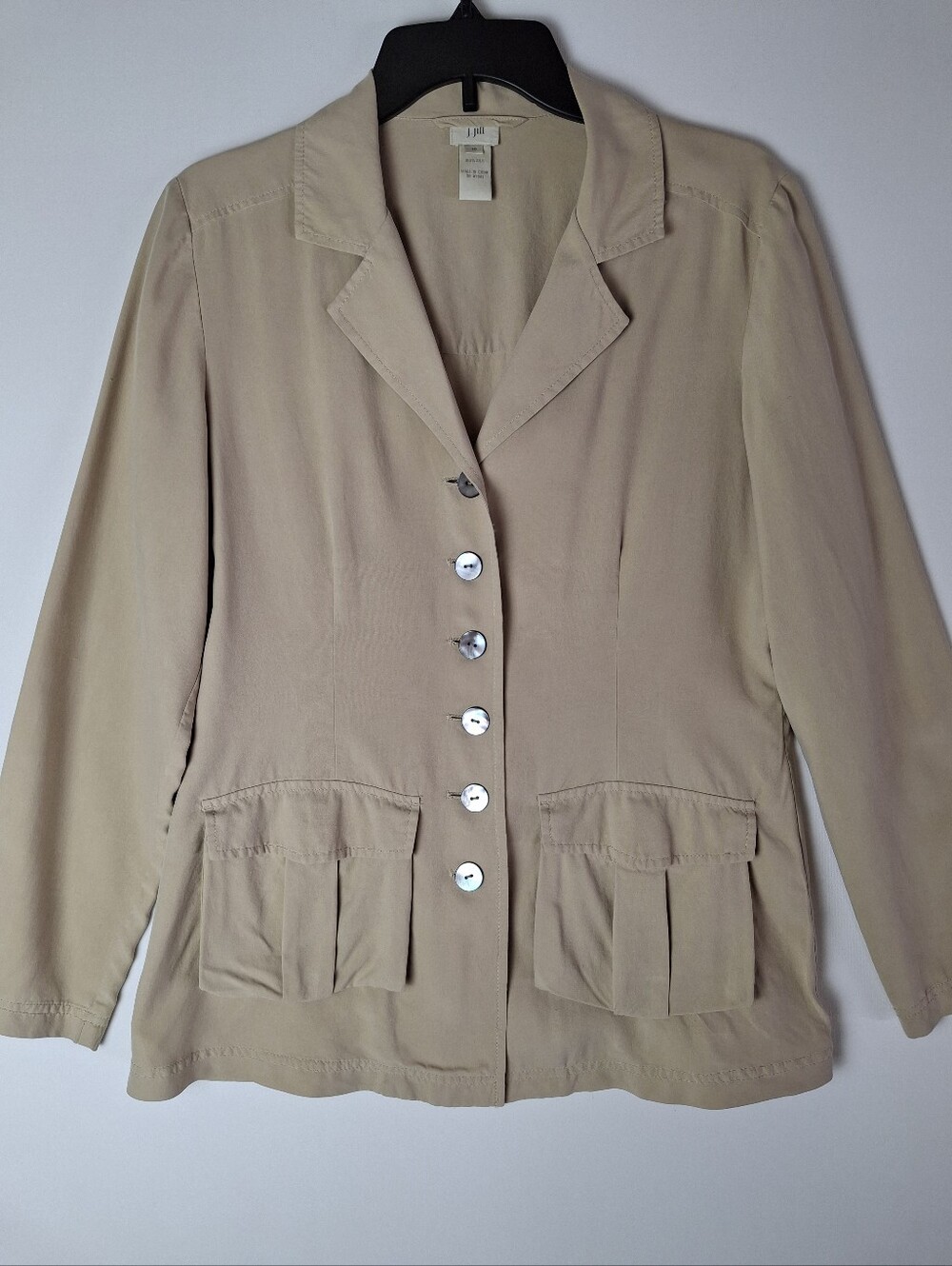 J. Jill  Womens  100% Silk Blazer Beige Button-Front Lightweight Size 10
